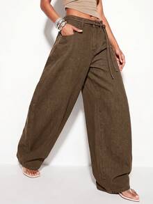 Normani Women's Fashion Versatile Button Pocket Loose Fit Denim Jeans Women's Fall Teacher Pants - Coffee Brown - View 6
