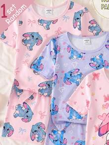 [ Random1 Set ] Young Girls Pajamas,Spring/Summer New Fashion Cute Rabbit,Heart & Bow Print Knit Tight Fit Pink,Fairy,Holiday,Night 2pcs,Snug Fit - Pink - View 3