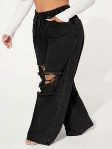 SHEIN SXY Plus Size Casual Washed Distressed Wide Leg Jeans - Black - View 1
