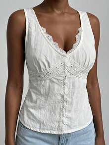 Livesso Women's V-Neck Sleeveless White Solid Lace Trim Button-Up Fitted Cropped Tank Top - White - View 5