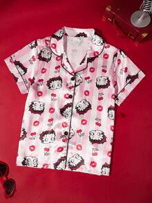 Betty Boop X POKOJA LAND 2-Piece Pajama Set With Shorts With Fashionable Pattern, Polyester Material, Matching Comfortable Shorts, Elastic Waistband, Spring Summer Relax, For Women, Perfect Slouchy Weeken - Pink - View 2