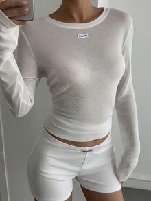 Livesso Tall Women's Round Neck Long Sleeve Semi-Sheer Pullover T-Shirt With Woven Label Decoration Fall - White - View 5