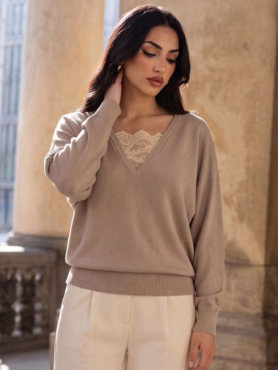 Duskaine Women's Lace Patchwork Batwing Sleeve Sweater - Khaki - View 1