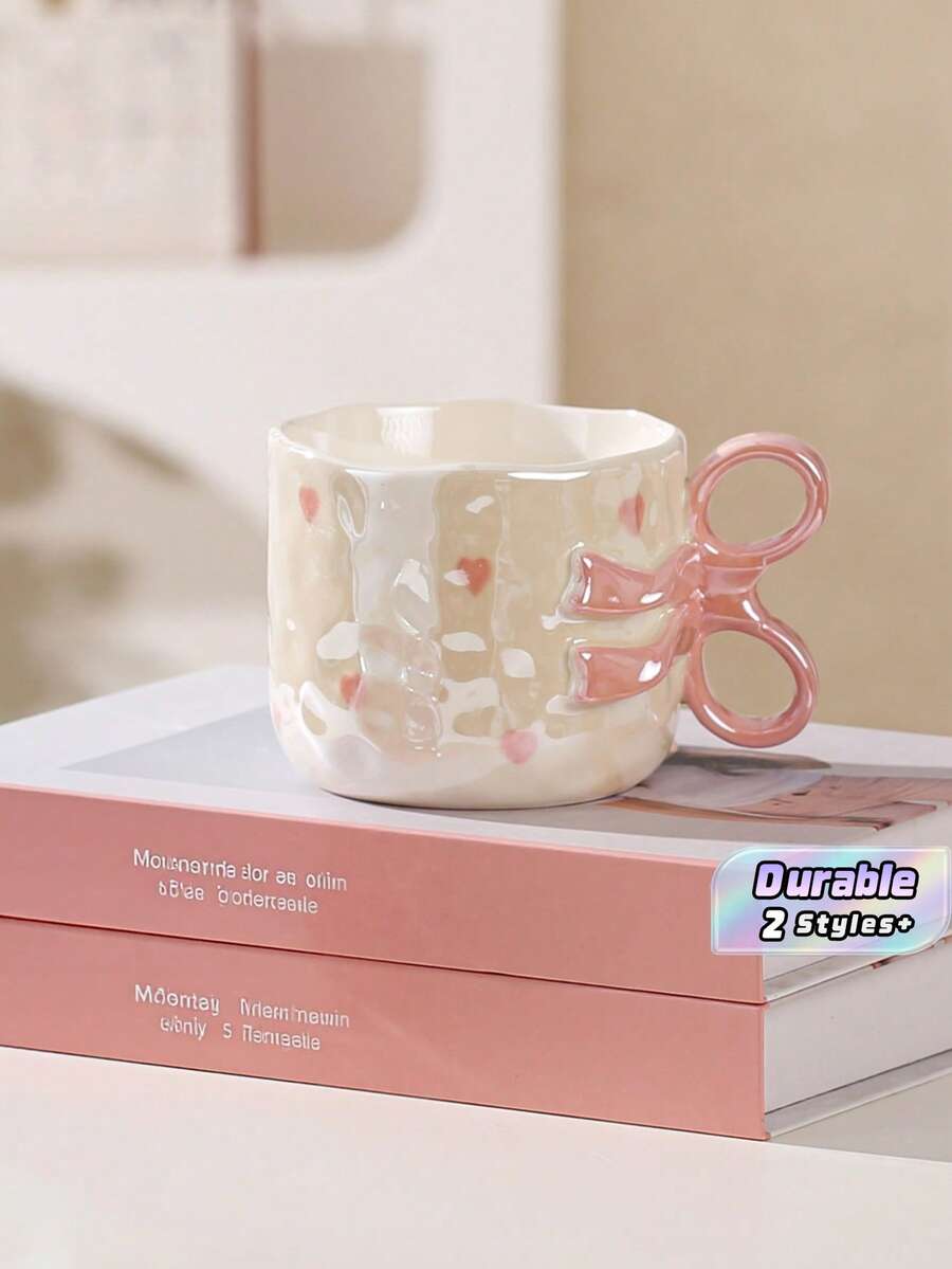 1Pc Cute Pink Bow Ceramic Mug Large Capacity Anti Slip Coffee Cup Easy Clean Beautiful Drinkware Ideal Valentine Gift For Household Daily Use - Multicolor - View 1