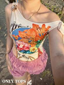 SHEIN MOD 加大码印花金属扣蝴蝶结露肩上衣，米白色涤纶氨纶混纺，单肩印花，橙色蓝色植物图案，不对称领口，修身浪漫风格，春夏户外休闲日常穿着，弹力轻盈面料，外出上衣，露肩衬衫，单肩上衣，单肩女式上衣，夏季围巾上衣 - 彩色 - 查看 2