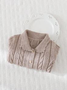 Cozy Pixies Baby Girl Solid Color Peter Pan Collar Long Sleeve Cardigan Sweater - Khaki - View 4