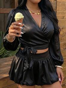 SHEIN MOD 大码女式黑色裹身领结蝴蝶结灯笼袖衬衫女式衬衫上衣女式衬衫女式衬衫 - 黑色 - 查看 2