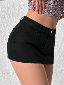 SHEIN PETITE 女士时尚迷你牛仔裙 - 黑色 - 查看 5