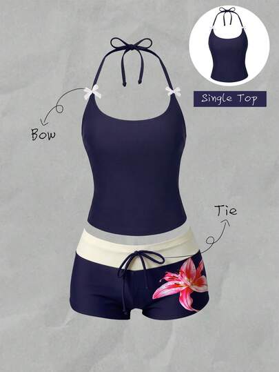 Elavelle Women's Spring/Summer Random Print Halter Neck Bow Decor Bikini Set