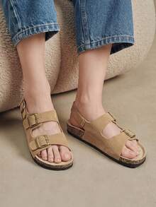 Solecia Three-Buckle Rear Strap Cork Sandals Women, Retro Suede Adjustable Buckle To Wear Boken Sandals - tawny - View 8