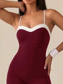 SHEIN BAE Pakaian Olahraga Wanita Serbaguna, Model Romper dengan Tali Bahu Tipis dan Blok Warna - Burgundy - View 6