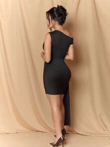Dania Mndz Shop Women's Summer Solid Oblique-Shoulder Asymmetrically Ruched Bodycon Mini Dress With Draped Straps,Summer DressesSpring Clothes Black Elegant - Black - View 2