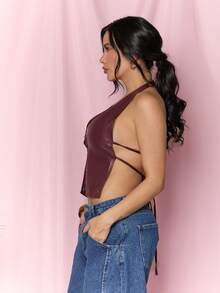 Dania Mndz Shop Red Wine-Colored Jacket Women's Fashionable Street Style Deep V-Neck Backless Rivet Decorated Top, Summer Fashion Clothing Street Chic Y2K Rave Casual - Burgundy - View 5