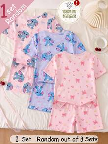 [ Random1 Set ] Young Girls Pajamas,Spring/Summer New Fashion Cute Rabbit,Heart & Bow Print Knit Tight Fit Pink,Fairy,Holiday,Night 2pcs,Snug Fit - Pink - View 2
