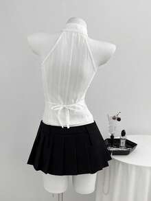 Elamini Women's Solid Color Elegant Halter Neck Blouse With Frog Button Design - White - View 2