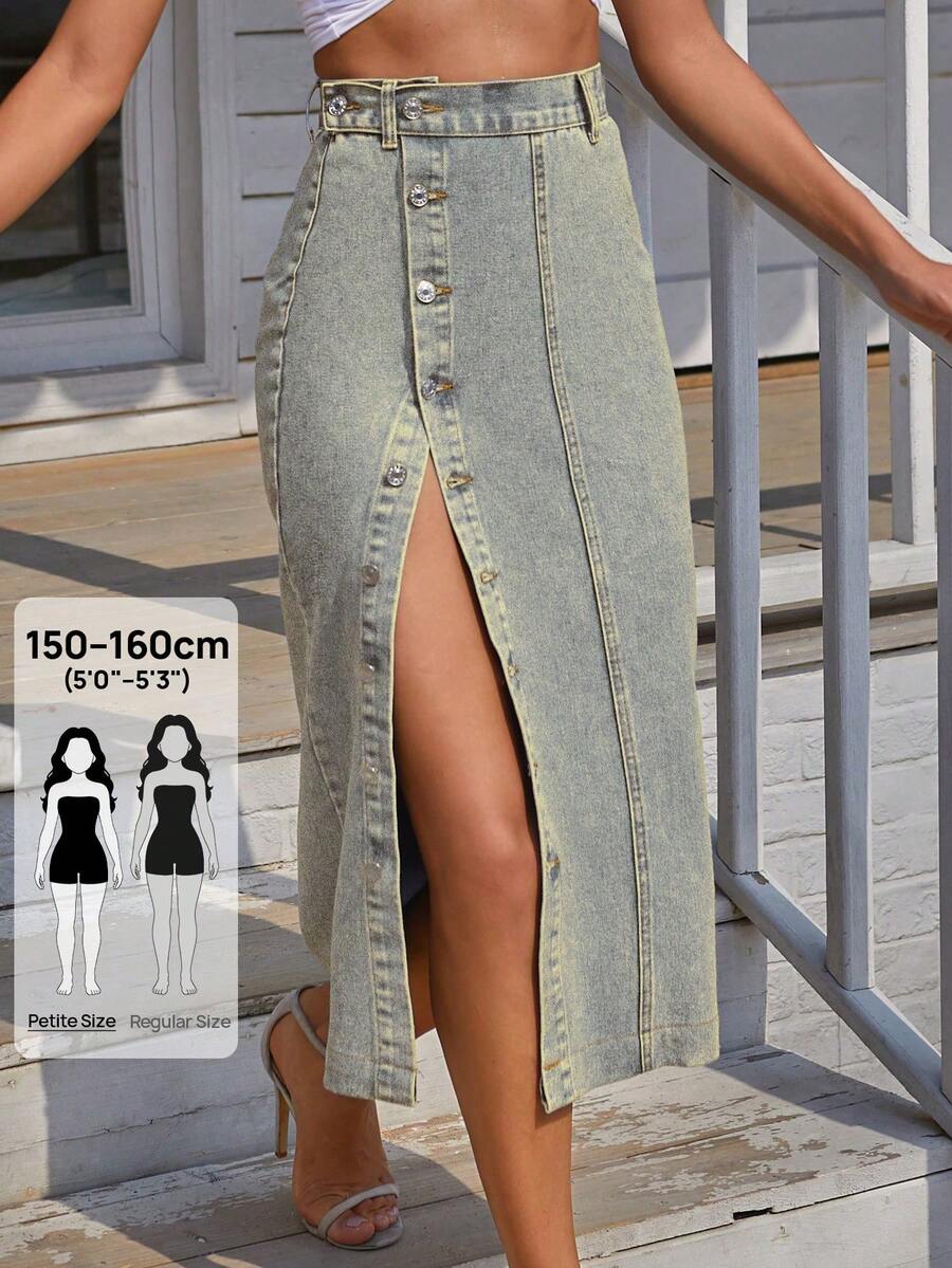 Jeanoix Petite Rok Denim Panjang Kasual Wanita Model Kancing Tunggal Gaya Y2K