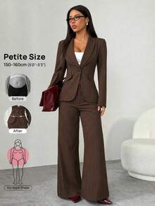 SHEIN PETITE 女款條紋單排扣長袖夾克與長褲休閒日常套裝 - 棕色 - 查看 13