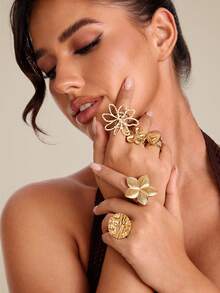 Altistry Set 5 buah cincin stainless steel modis, unik, dan kreatif berbentuk bulat, bunga, dan hati berwarna emas, cocok untuk pemakaian sehari-hari wanita. - Yellow Gold - View 2