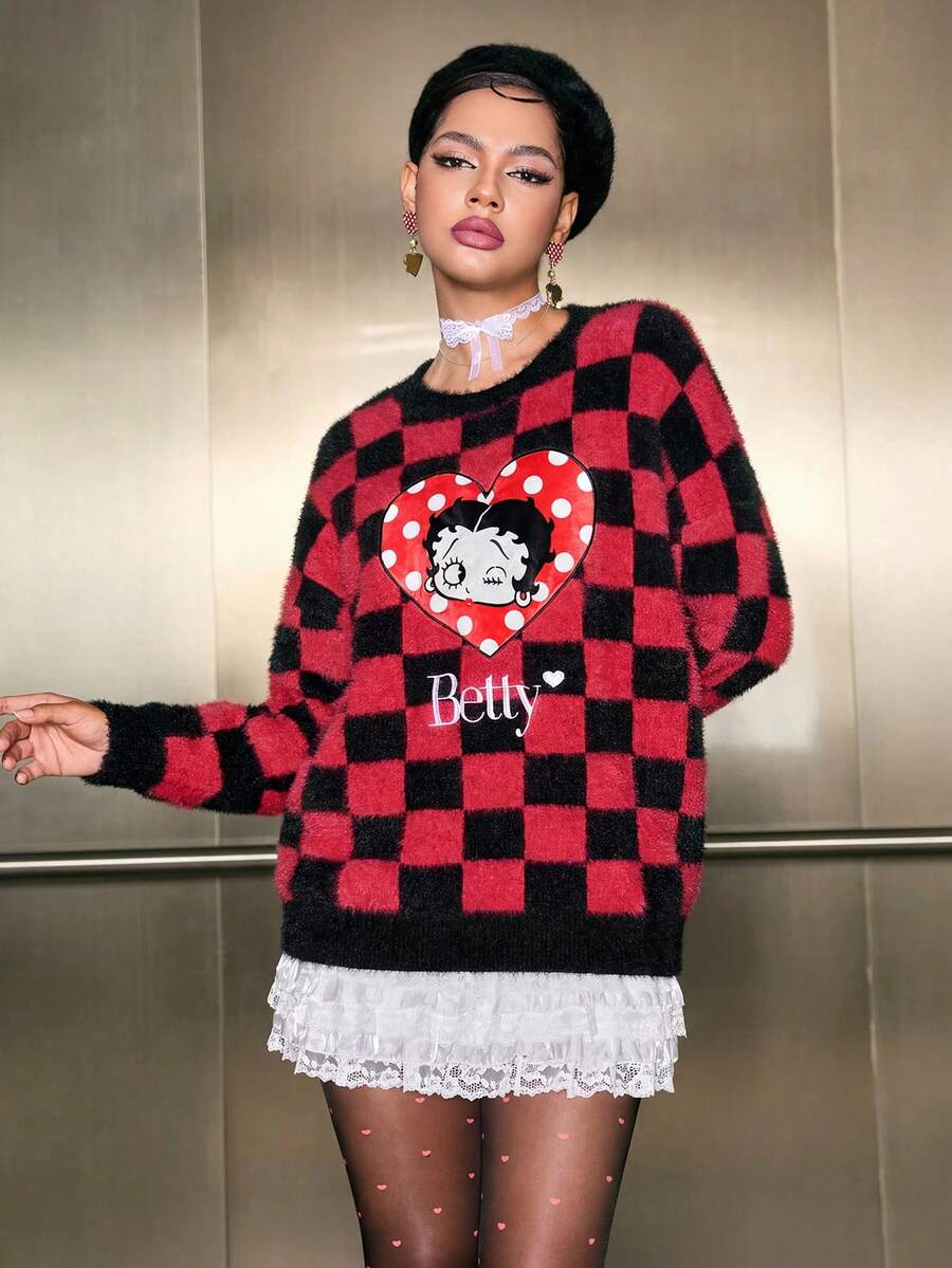 Betty Boop x SHEIN 女士休闲卡通人物与心形图案刺绣落肩宽松格子蓬松针织毛衣 - 黑色 - 查看 1