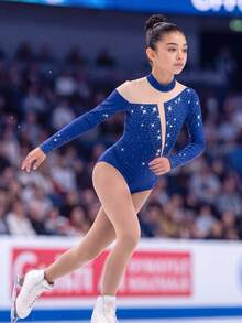 青少年女孩針織長袖連身運動緊身衣 女孩花式滑冰連身衣 皇家藍亮晶水晶印花 高彈性修身設計 適合體操、舞蹈比賽、冰上滑冰，四季皆宜 - 寶藍色 - 查看 3