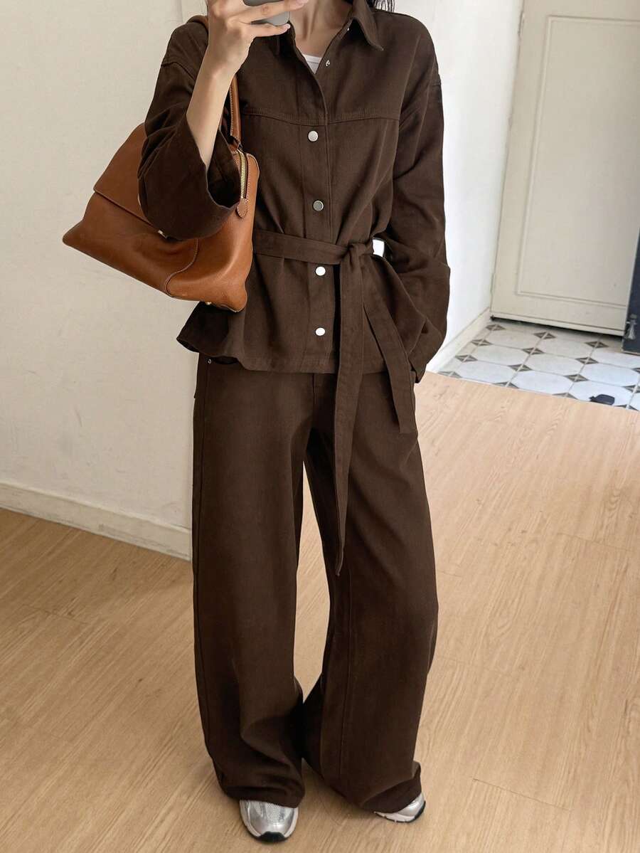 DAZY Women's Loose Waist Tie Denim Set Fall - Brown - View 1