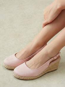 Styleloop Ladies Slope Heel Thick Bottom Platform Solid Color Elegant Vacation Leisure Beach Hemp Rope Bottom Bohemian Slip-On Sandals - Pink - View 9