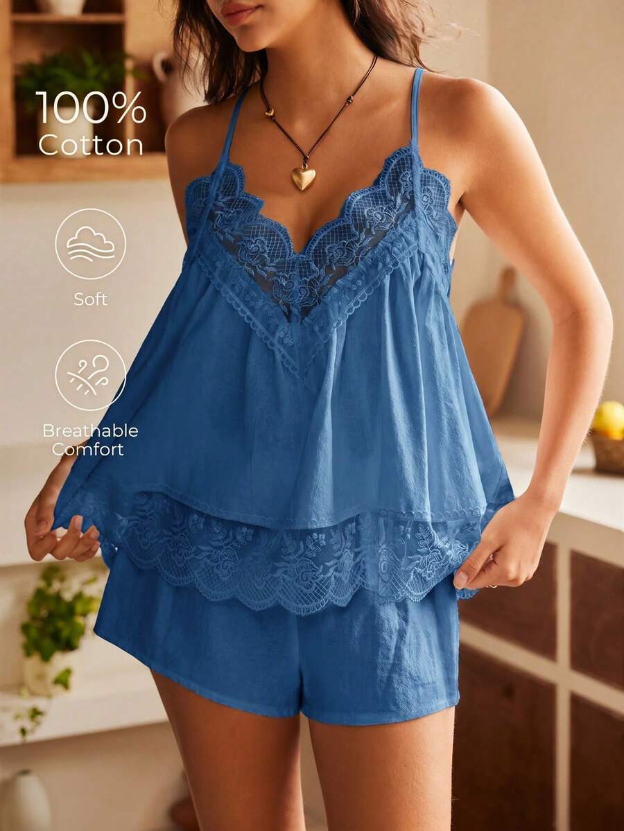 Lullawish 波希米亞風純棉細肩帶背心與短褲女款睡衣套裝 - 藍色 - 查看 1