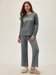 SHEIN Cottnline Women's Letter Print Long Sleeve Top And Pants Pajama Set - Dark Green - View 4