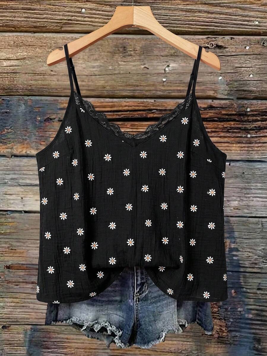 SHEIN VCAY 大尺碼女款雛菊仿刺繡印花V領細肩帶背心 - 黑色 - 查看 1
