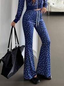 K-Vae Celana Panjang Wanita Biru Tua Motif Bunga Kecil dengan Tali Serut, Model Bell Bottom Kasual yang Melangsingkan, Gaya Baru yang Serbaguna - MultiWarna - View 5