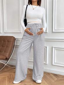 SHEIN 孕婦休閒百搭直筒長褲 秋季 - 灰色 - 查看 3