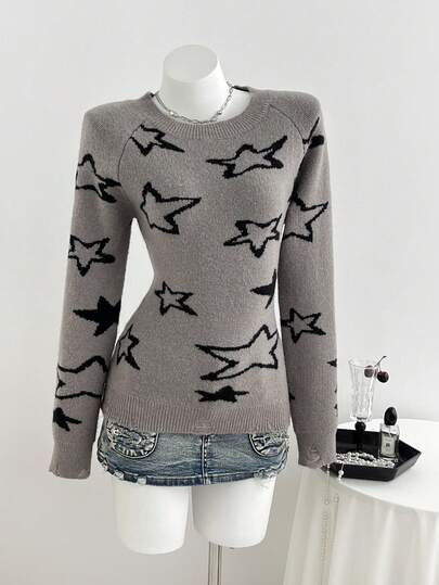 Elamini Damski sweter żakardowy z gwiazdami w stylu Y2K Millennium, szary, z kontrastowym dekoltem okrągłym, bluza typu pullover, odpowiedni na wiosnę i jesień, do codziennego noszenia