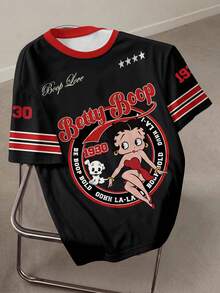 Betty Boop x SHEIN Plus Size Women's Casual Fashionable Street Chic Daily Commute Cartoon Letter & Number Print Striped Contrast Color Short Sleeve T-Shirt - White - View 1