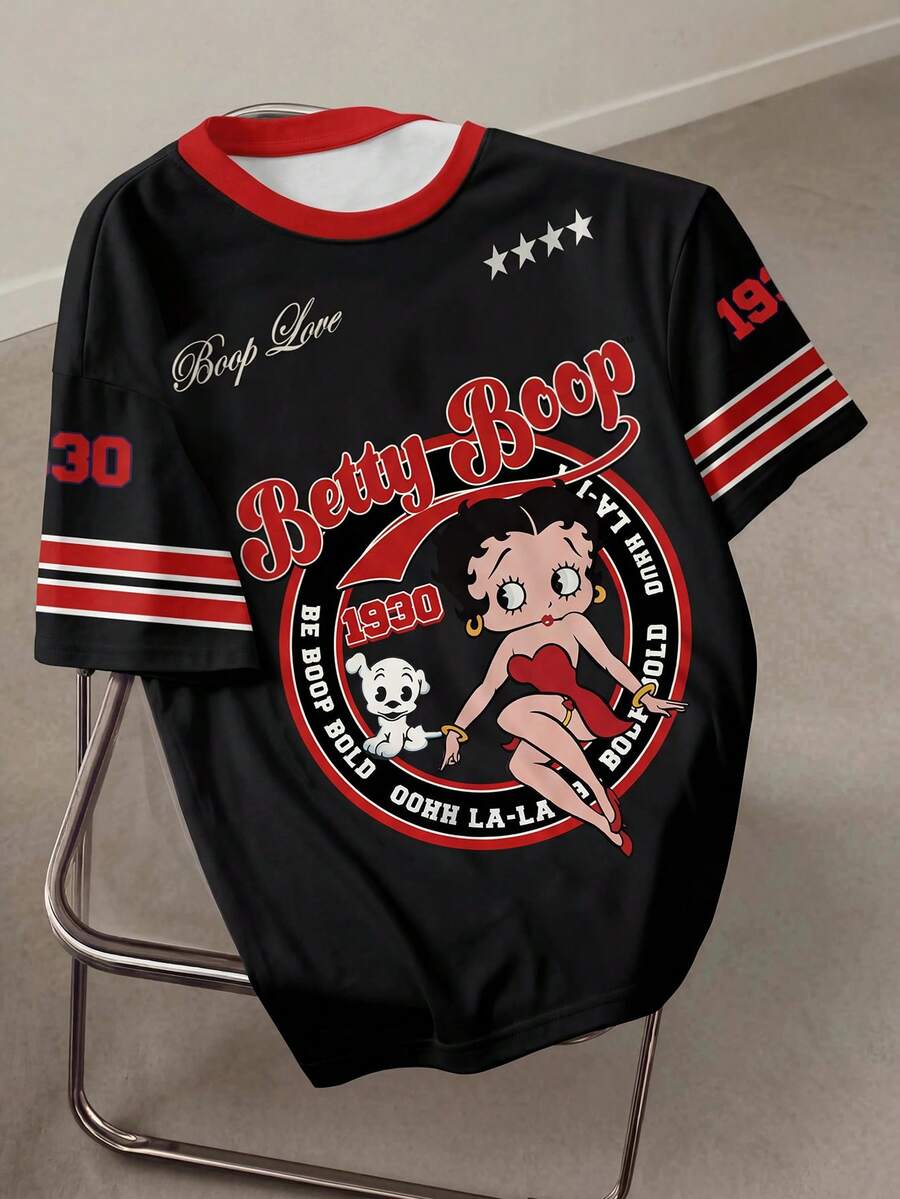 Betty Boop x SHEIN Plus Size Women's Casual Fashionable Street Chic Daily Commute Cartoon Letter & Number Print Striped Contrast Color Short Sleeve T-Shirt - White - View 1