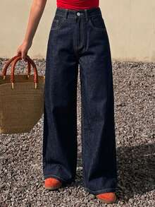 Livesso Tall Celana Jeans Denim Wanita Model Longgar Lurus Gaya Liburan Musim Gugur - Dark Wash - View 2