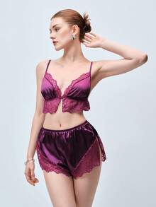 Softvol 2件組女款紫色蕾絲拼接側開衩休閒睡衣套裝，居家服套裝 - 紫色 - 查看 3