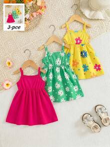 SHEIN Playful Pals 3件套女婴夏季碎花无袖连衣裙和纯色连衣裙，田园风格，时尚可爱 - 彩色 - 查看 2