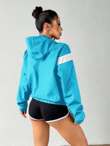 Exploreva Women's Contrast Color Long Sleeve Zipper Front Hooded Sports Jacket - Aqua Blue - View 2
