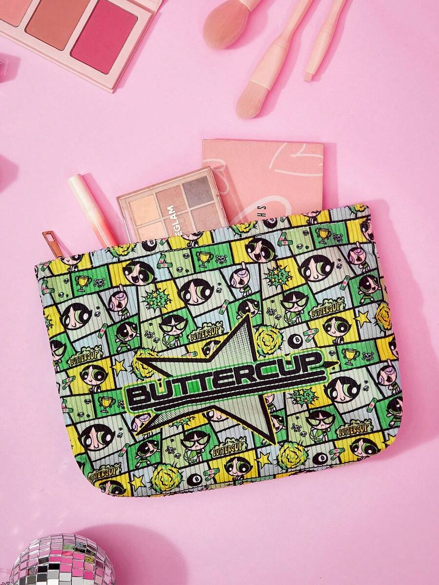 THE POWERPUFF GIRLS X Joivida 卡通印花燈芯絨化妝包,輕量拉鍊收納袋,多功能內襯化妝包 - 卡通-3 - 查看 1