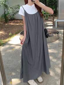 DAZY 女款純色百褶休閒日常細肩帶中長洋裝 - 深灰色 - 查看 5