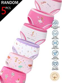 SHEIN 5pcs/Lot Random Assorted Colors Cute Fairy Print Cotton Triangle Panties For Young Girl, All Seasons, Multi-Pattern - Multicolor - View 5