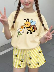 Tween Girl Casual Minimalist Cartoon Pattern Short Sleeve & Shorts 2 Pieces Set, Suitable For Summer - Multicolor - View 2