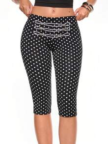 ROMWE Grunge Punk Vintage Napoleon Contrast Webbing Metal Buckle Design Ultra Low Waist Polka Dot Capri Pants - Black - View 1