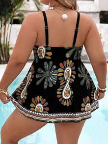 SHEIN CURVE+ Summerbeach Plus Size Women's Abstract Print High Waist Cami Ruffle Top And Bottom Bikini Set Beach Outfits Bathing Suits - Black - View 3