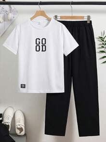 SHEIN 青少年男孩字母印花T恤與長褲套裝 - 黑與白 - 查看 4