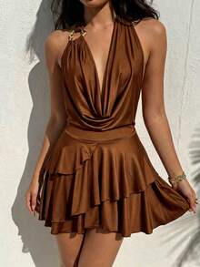 Bonvoyette Women's Solid Color Cowl Neck Backless Halter Ruffle Tiered Beach Cover-Up Dress - Brown - View 3