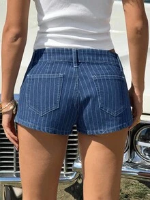 SHEIN EZwear 女款藍色條紋低腰牛仔短褲，夏季 - 中等水洗藍 - 查看 2