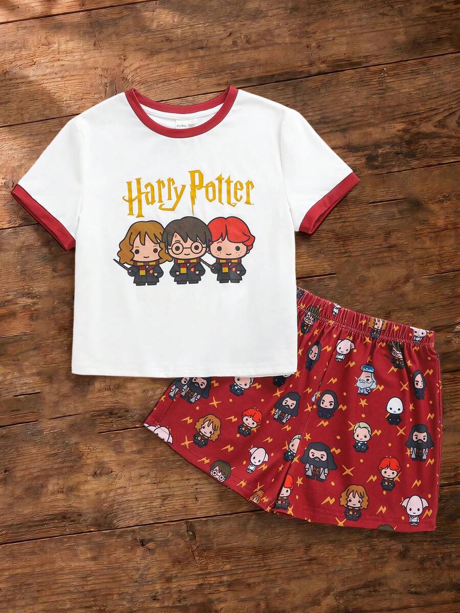 HARRY POTTER X SHEIN Tween Girl Contrast Trim Letter Cartoon Print Short Sleeve T-Shirt And Shorts Casual Daily Set - White - View 1