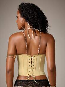 DreamPoppy Leopard Print Patchwork Bustier Crop Top, Underwire Fishbone Halter Sexy Fitted Party Camisole Corset For Women - Yellow - View 2
