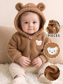 SHEIN Newborn Baby Fall Winter Hooded Fleece Brown Bear Ears Zipper Design Long Sleeve Fleece Outdoor Jacket - Khaki - View 1